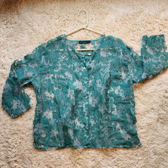 Cut Loose Round Neck Teal Sheer Button Front Jacket sz XL - Picture 2 of 12